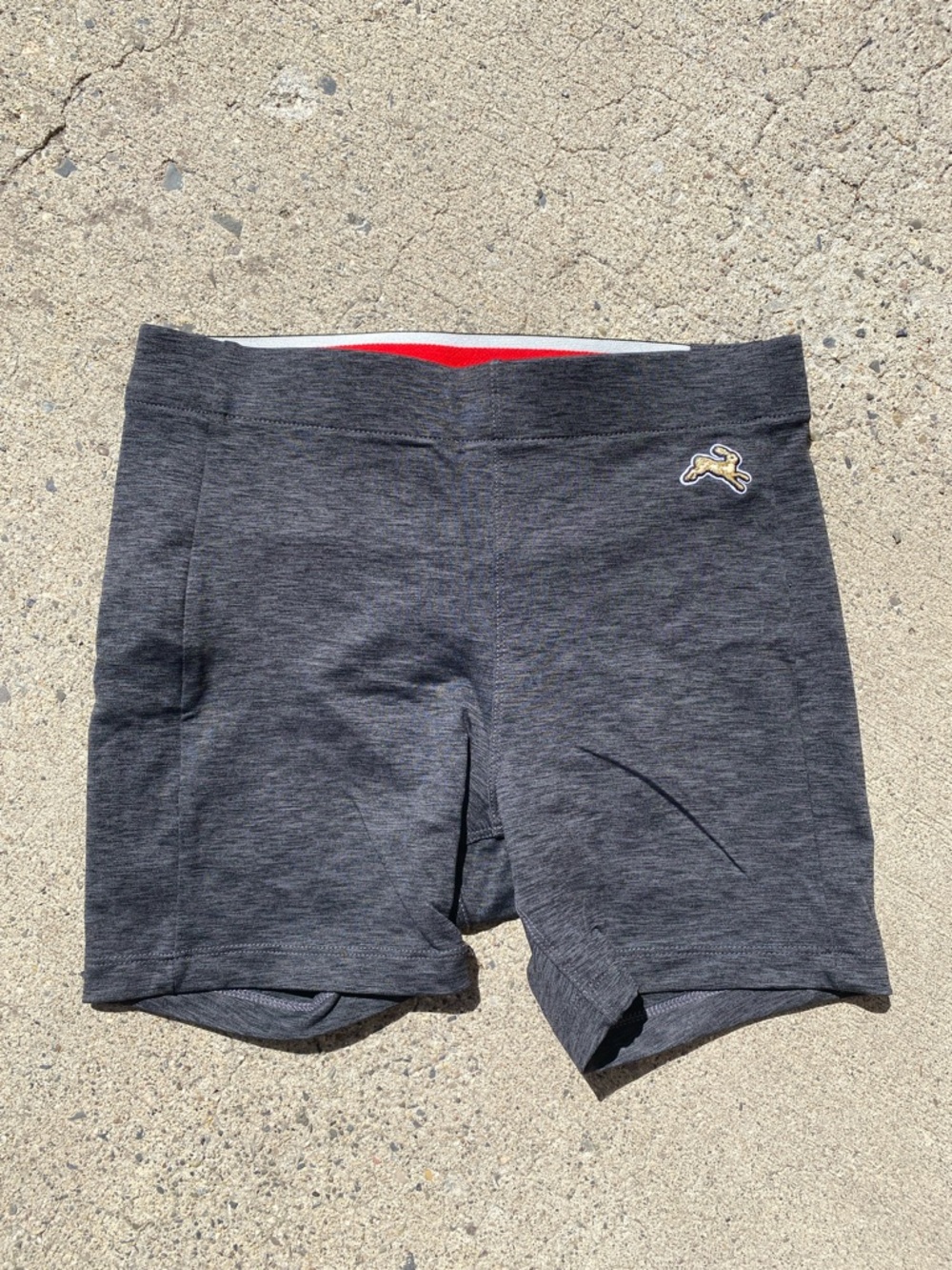 Tracksmith Charcoal Grey Athletic Shorts with Contrast Red Waistband